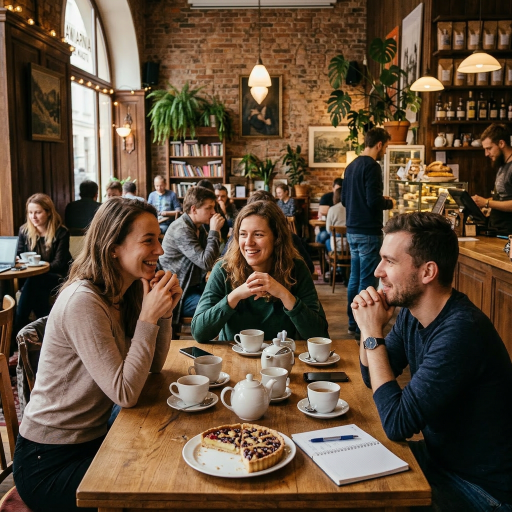 People sitting at tables in a busy cozy cafe with wooden decor and exposed brick walls